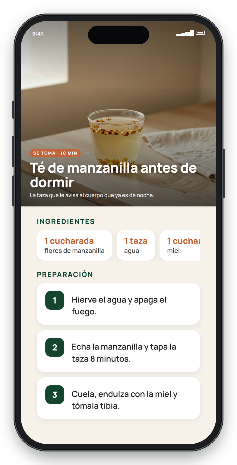 Página real en el celular: Té de manzanilla antes de dormir — Sección 4, Sueño