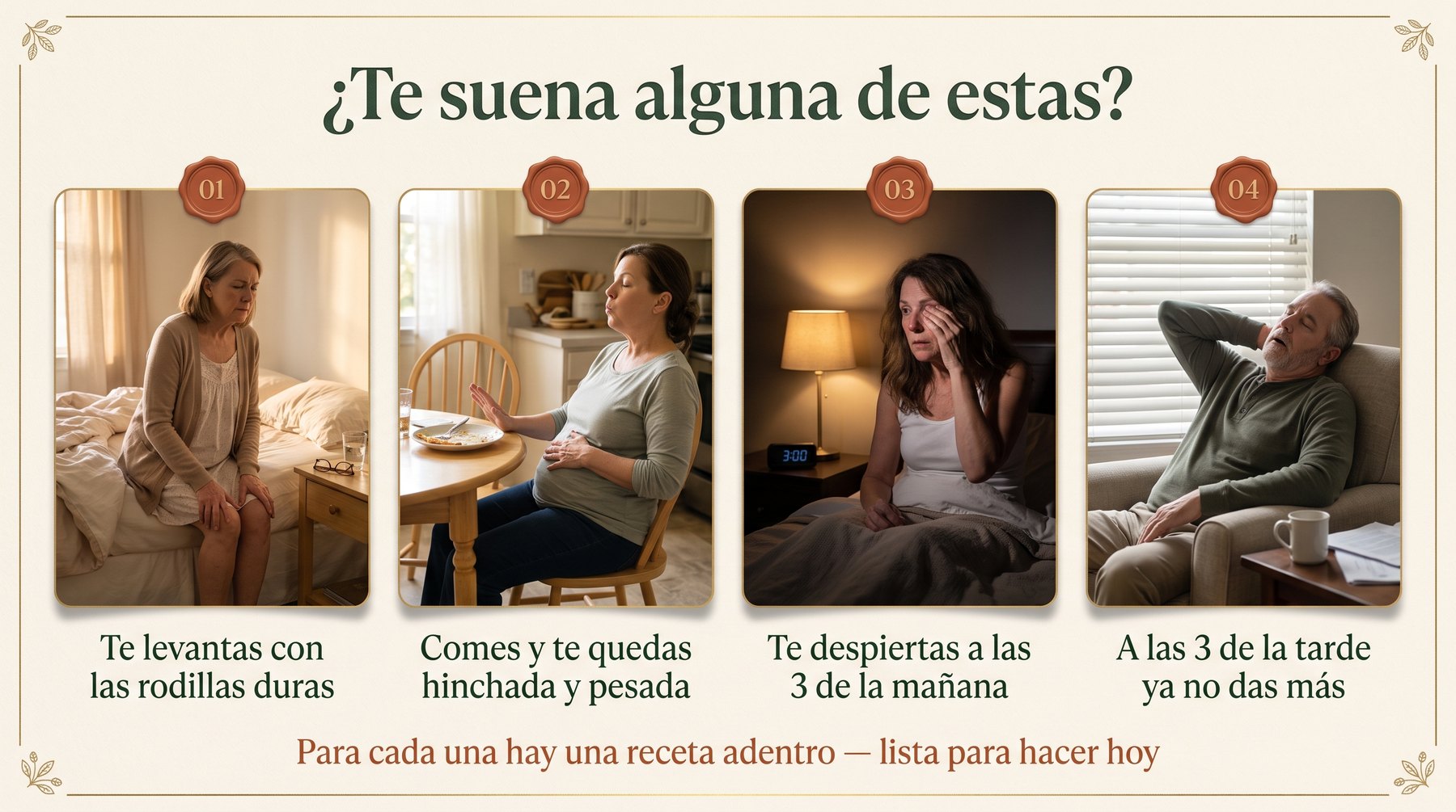 ¿Te suena alguna de estas? Cuatro momentos: levantarte con las rodillas duras, quedarte hinchada y pesada después de comer, despertarte a las 3 de la mañana, y a las 3 de la tarde ya no dar más.