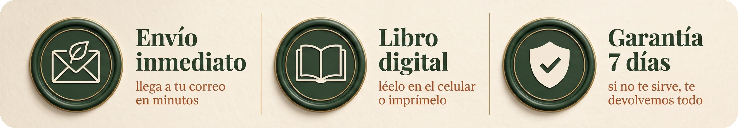 Envío inmediato: llega a tu correo en minutos · Libro digital: léelo en el celular o imprímelo · Garantía 7 días: si no te sirve, te devolvemos todo